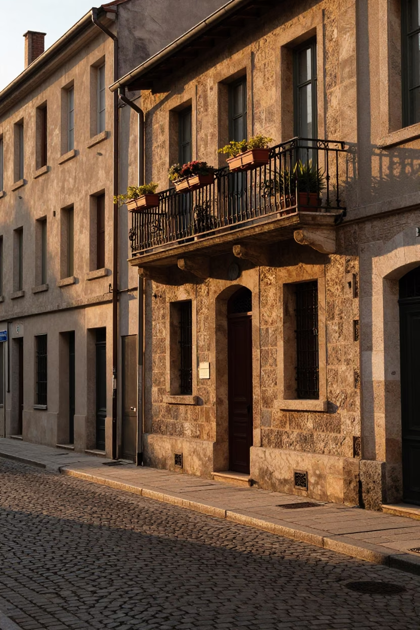Golden Hour Street Scene in Lyon France with Traditional Balcony and Cobblestone in in Lyon, France