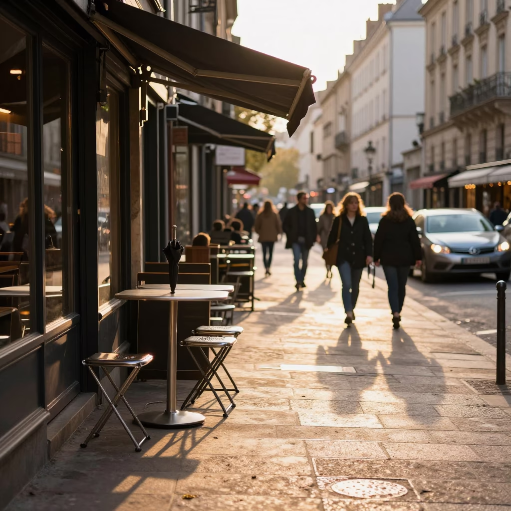 Golden Hour Street Scene in Lyon France with Umbrella Stand and Folding Stools in in Lyon, France
