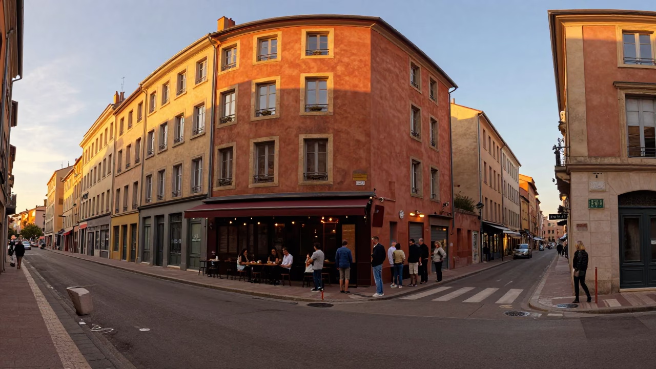 Golden Hour Street Scene in Lyon France with Vintage 1990s Aesthetic and Local Details in in Lyon, France