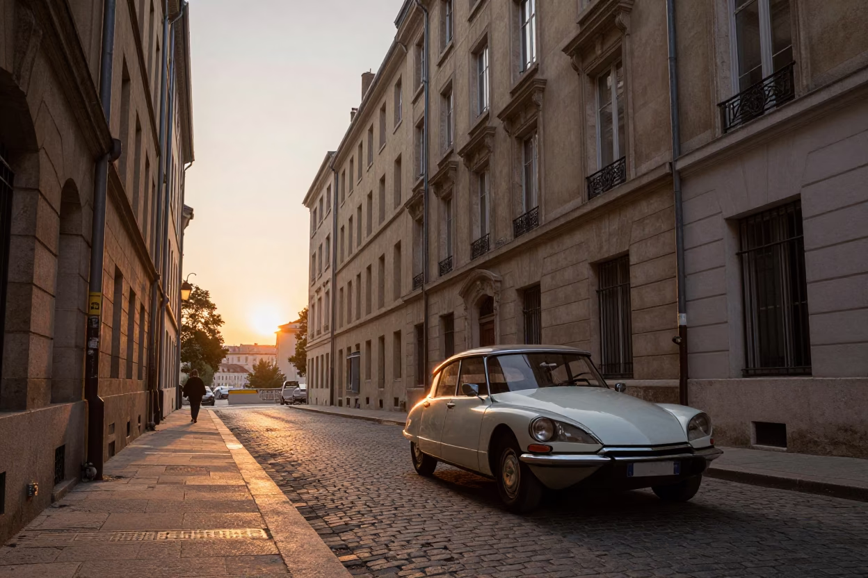 Golden Hour Street Scene in Lyon France with Vintage Car and Cobblestone Streets in in Lyon, France