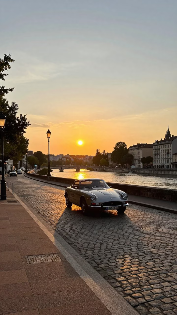 Golden Hour Street Scene in Lyon France with Vintage Car and Local Market Details in in Lyon, France
