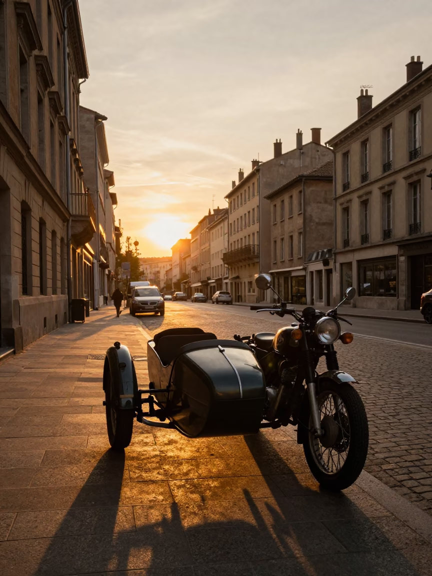 Golden Hour Street Scene in Lyon France with Vintage Motorcycle and Sidecar in in Lyon, France