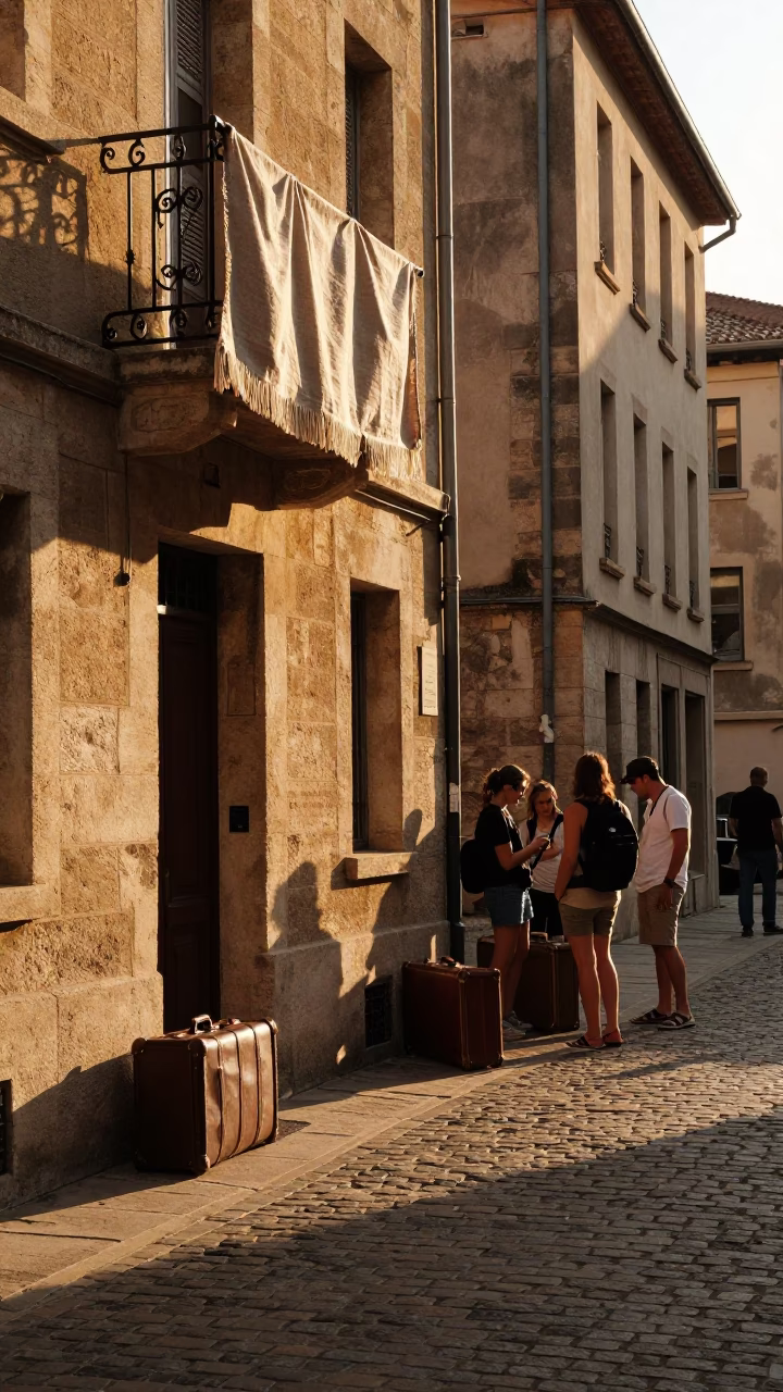 Golden Hour Street Scene in Lyon France with Vintage Suitcases and Linen Fringe in in Lyon, France