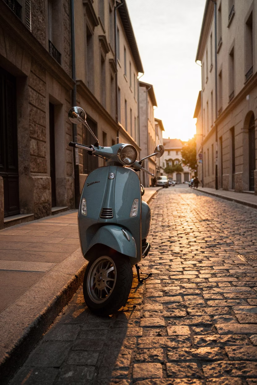 Golden Hour Street Scene in Lyon France with Vintage Vespa on Cobblestone Lane in in Lyon, France
