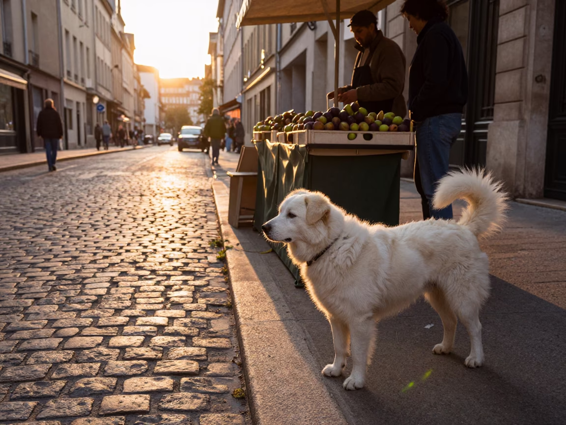 Golden Hour Street Scene in Lyon France with White Dog and Figs in in Lyon, France