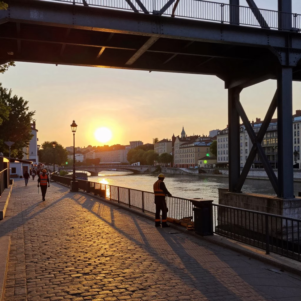 Golden Hour Street Scene in Lyon France with Workers and Urban Details in in Lyon, France