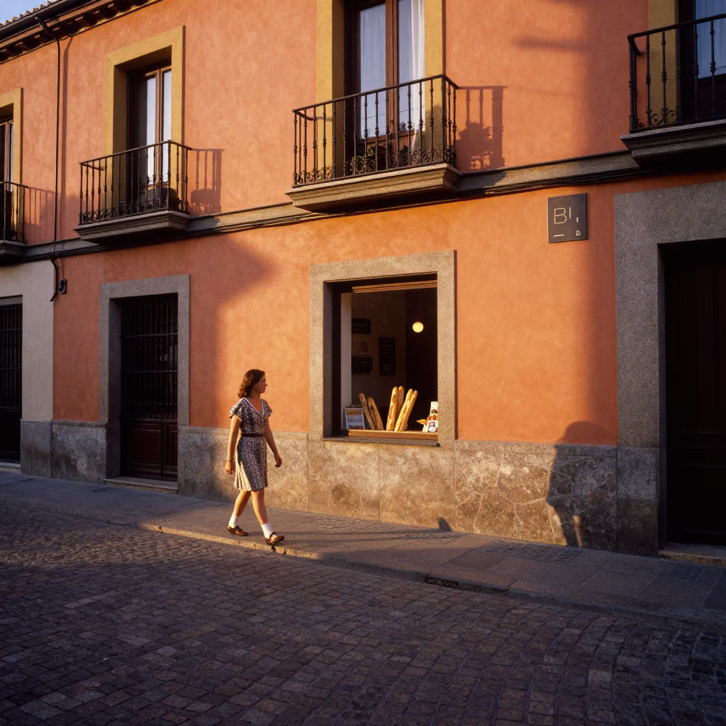 Golden Hour Street Scene in Madrid Spain with Baguettes and Local Life in in Madrid, Spain