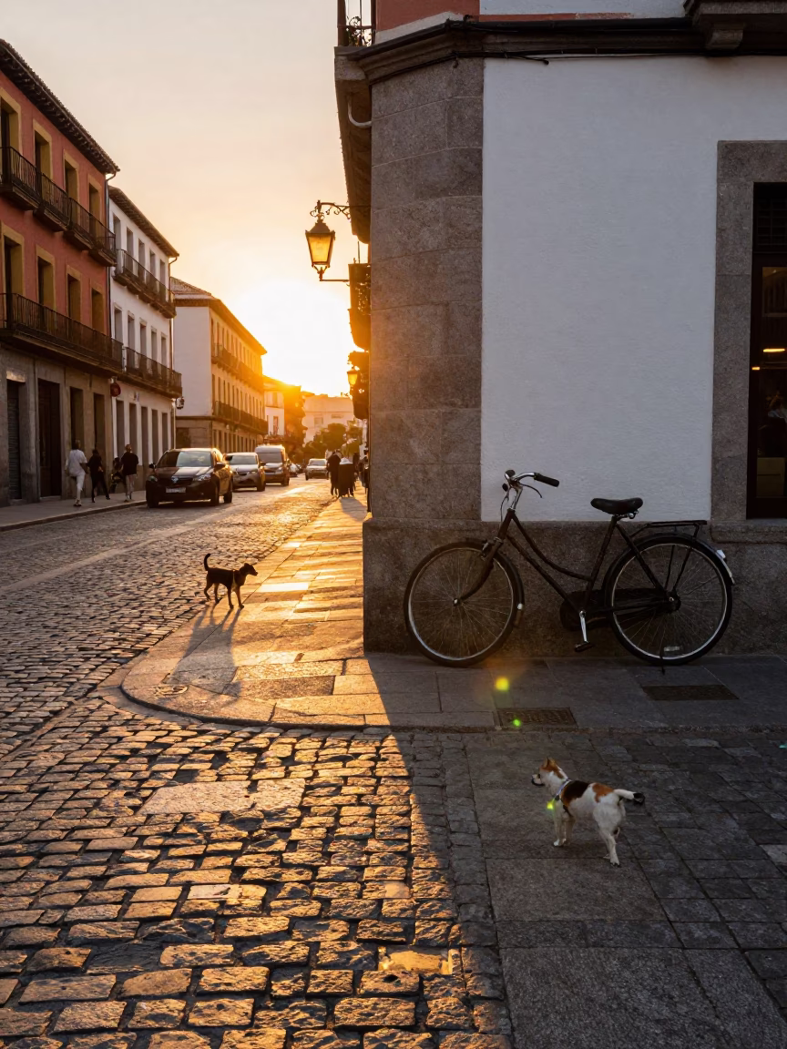 Golden Hour Street Scene in Madrid Spain with Bicycle and Dog in in Madrid, Spain