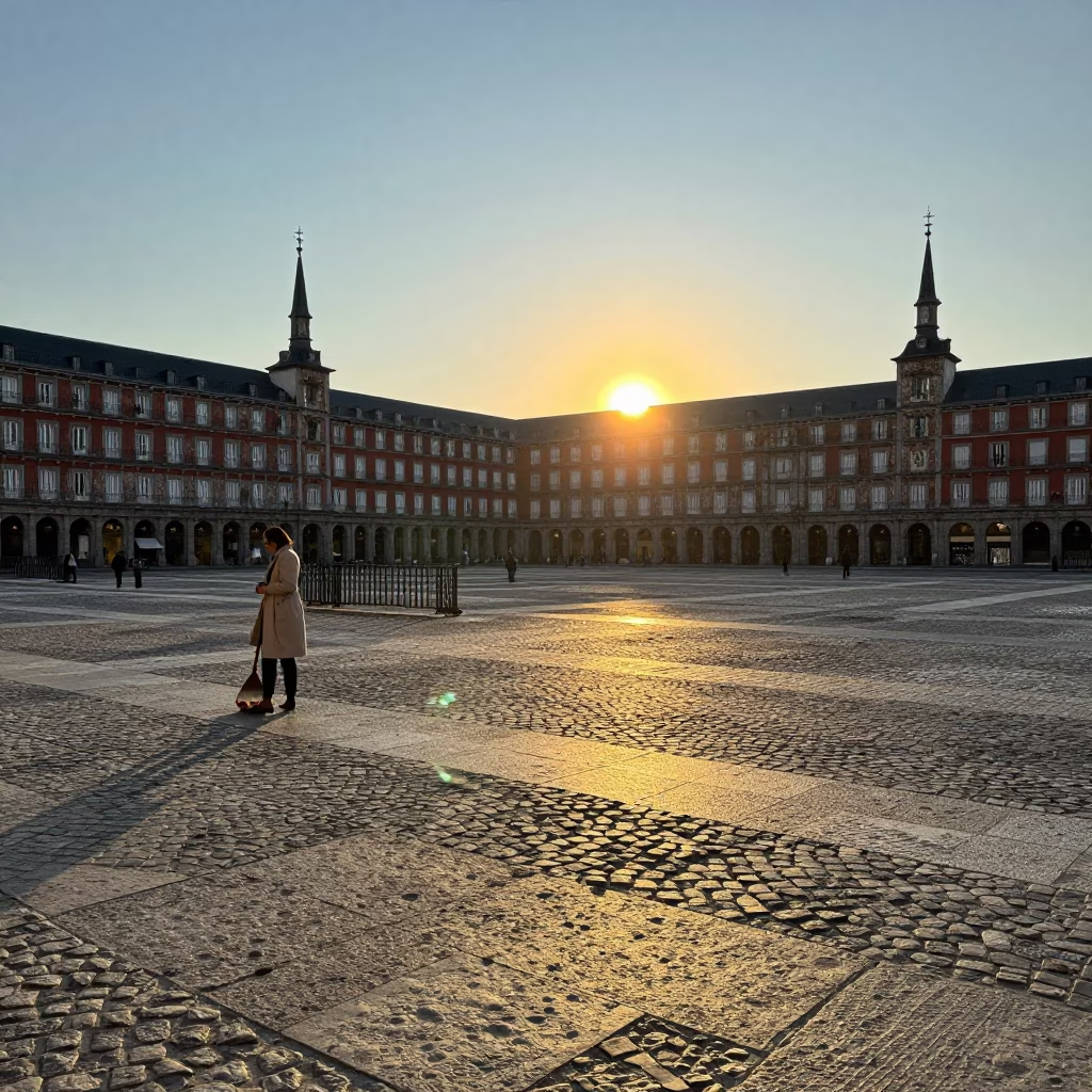 Golden Hour Street Scene in Madrid Spain with Boot Scraper and Ceramic Cup in in Madrid, Spain