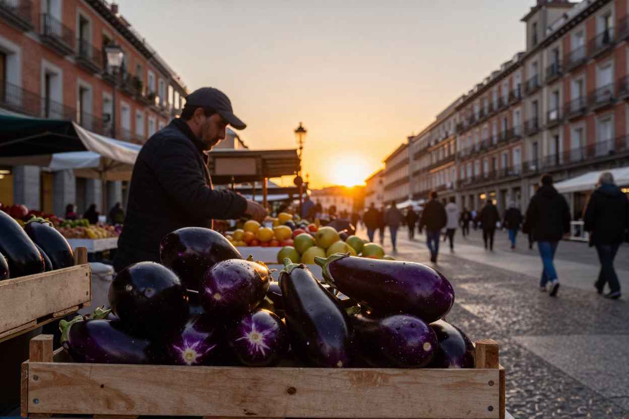 Golden Hour Street Scene in Madrid Spain with Eggplants and Fruit Knife in in Madrid, Spain