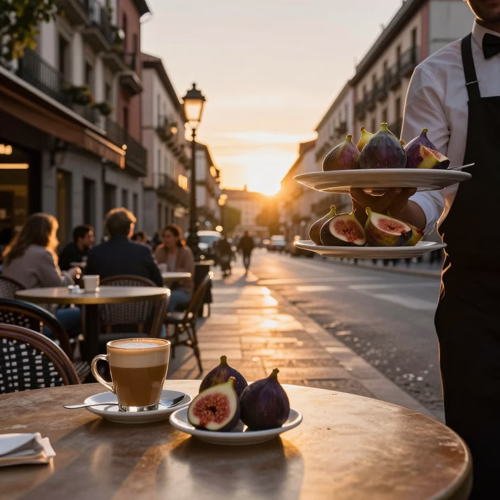 Golden Hour Street Scene in Madrid Spain with Figs and Coffee Tin in in Madrid, Spain
