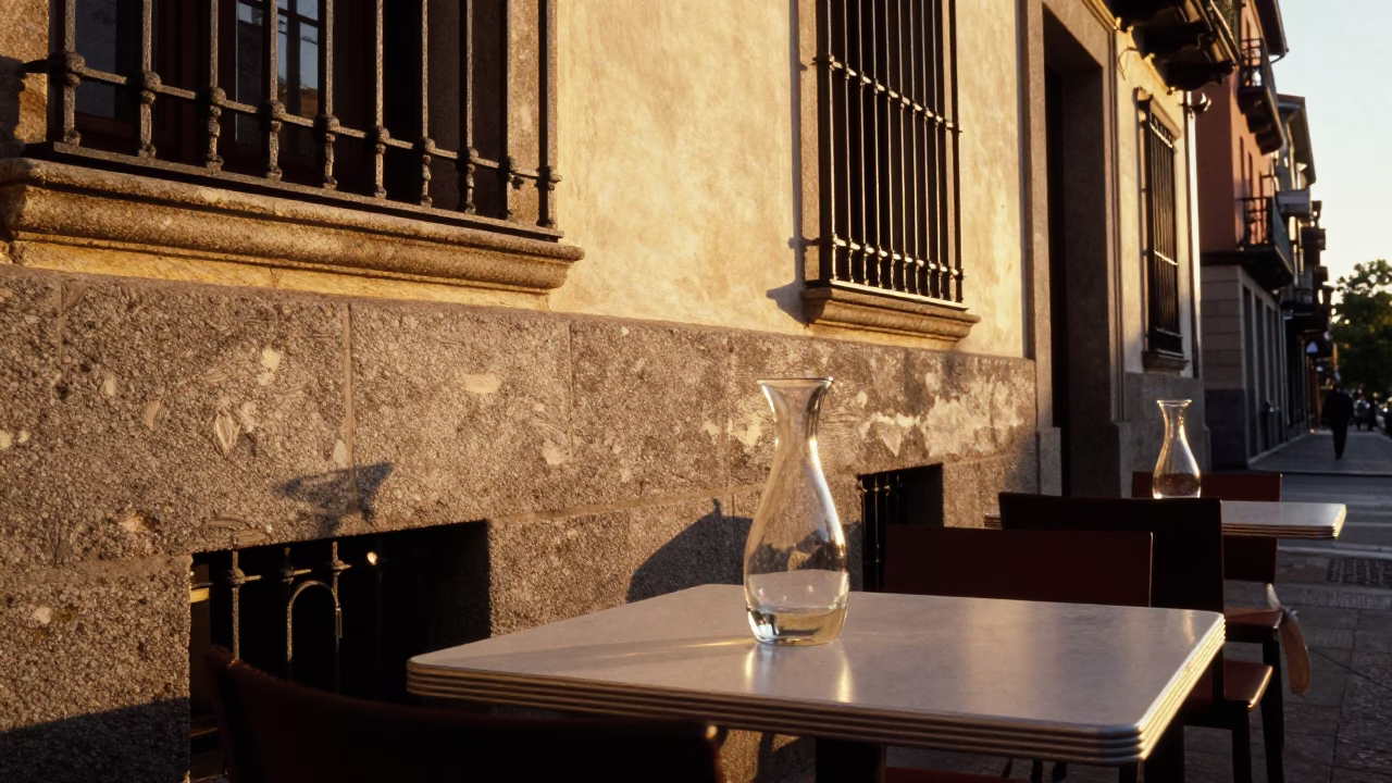 Golden Hour Street Scene in Madrid Spain with Glass Carafe on Cafe Table in in Madrid, Spain