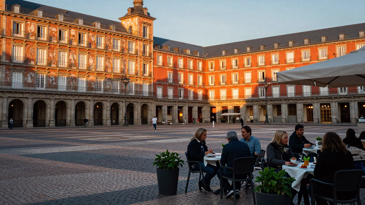 Golden Hour Street Scene in Madrid Spain with Local Diners and Mint Garnish in in Madrid, Spain