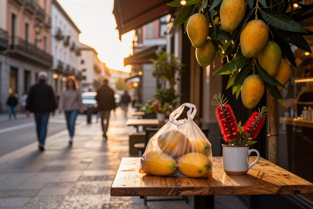 Golden Hour Street Scene in Madrid Spain with Mangoes and Bottle Brush in in Madrid, Spain