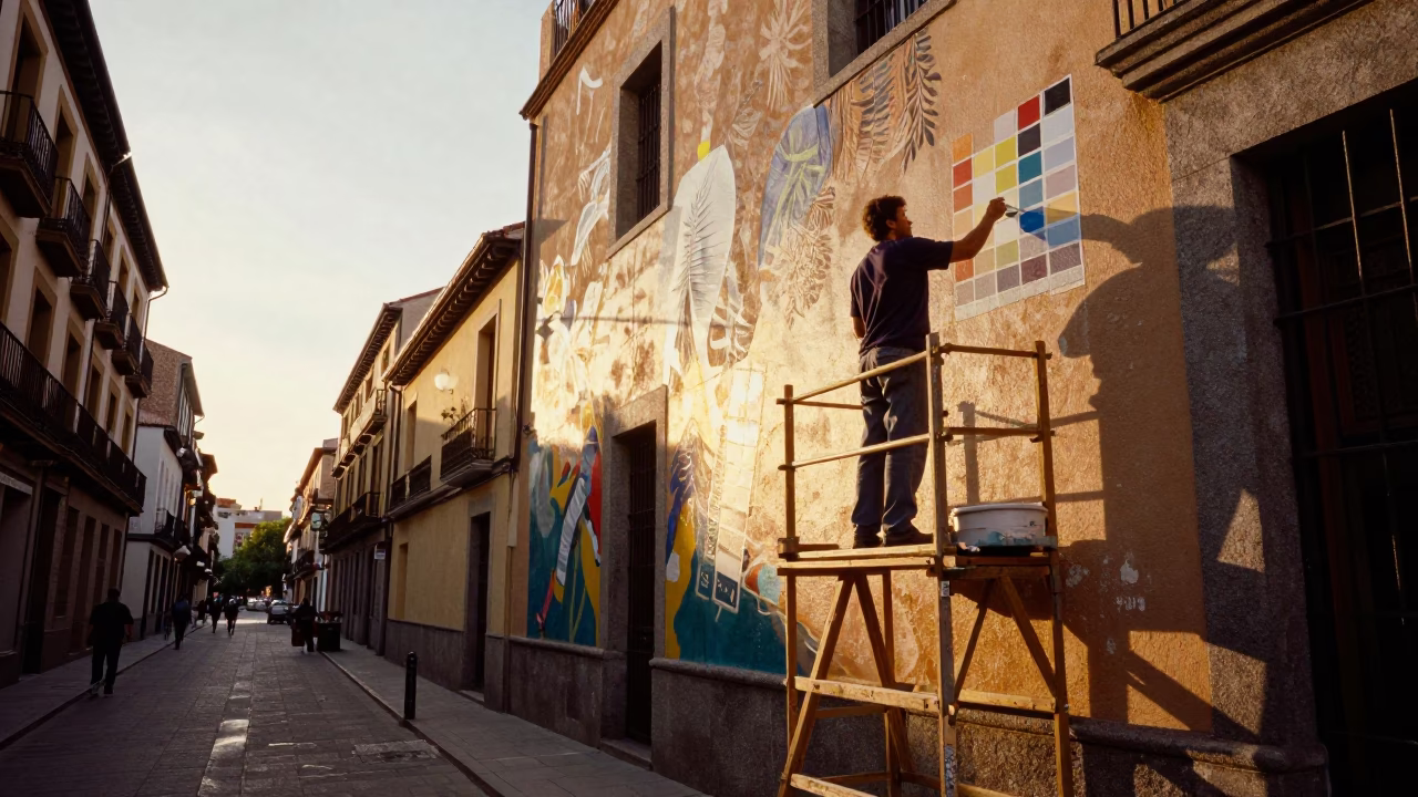 Golden Hour Street Scene in Madrid Spain with Muralist on Scaffold in in Madrid, Spain