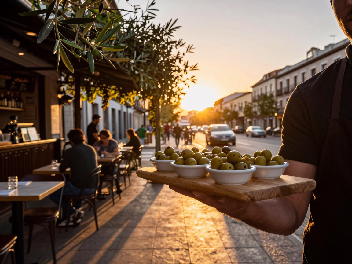 Golden Hour Street Scene in Madrid Spain with Olives and Vine in in Madrid, Spain