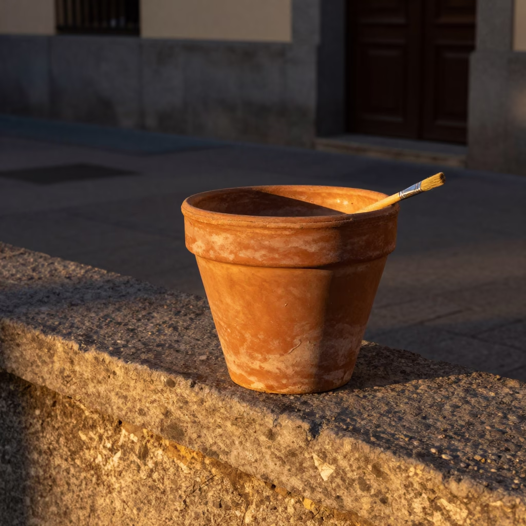 Golden Hour Street Scene in Madrid Spain with Plant Pot and Brush in in Madrid, Spain