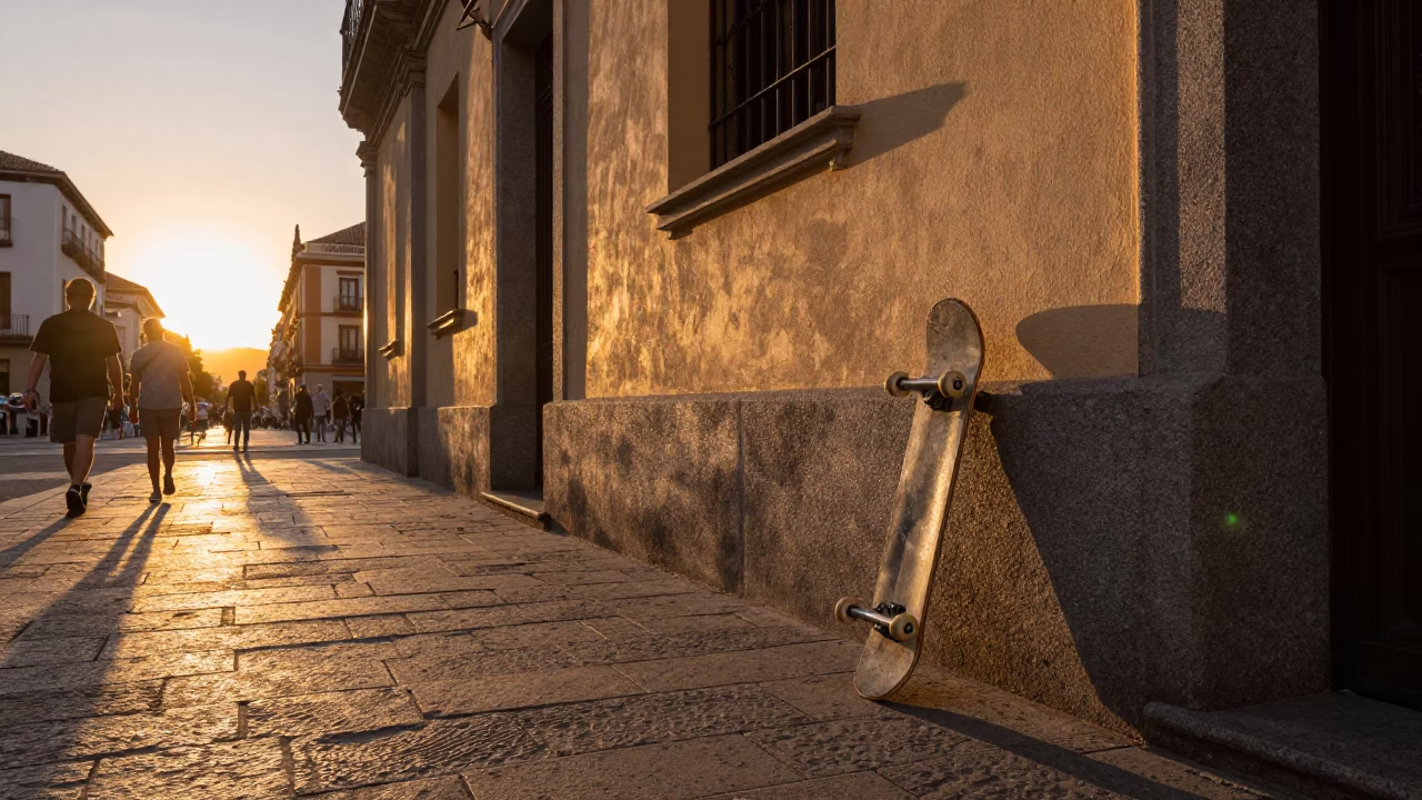 Golden Hour Street Scene in Madrid Spain with Skateboard and Sunset Light in in Madrid, Spain