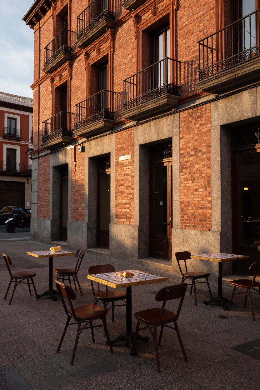 Golden Hour Street Scene in Madrid Spain with Tiled Cafe Table and Bread Bowl in in Madrid, Spain