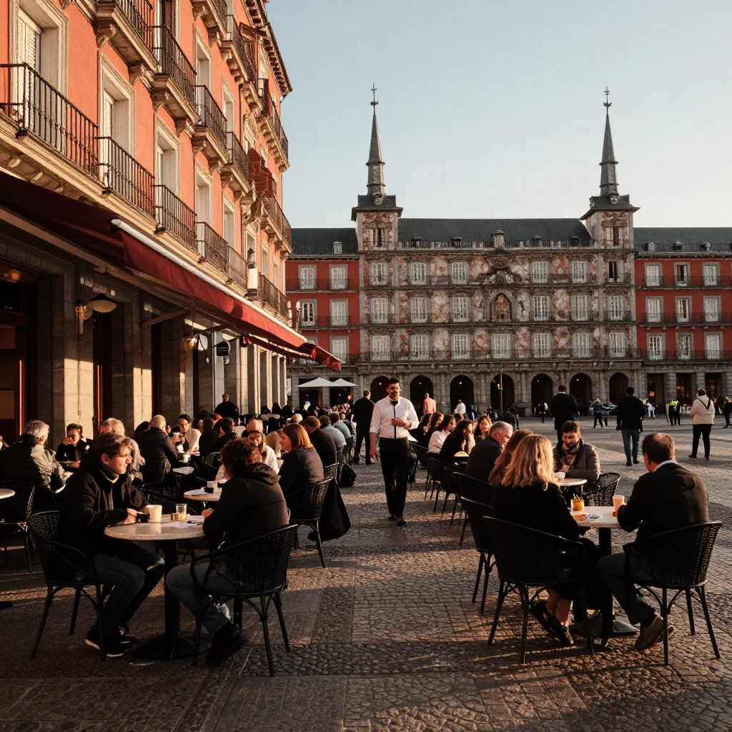 Golden Hour Street Scene in Madrid Spain with Traditional Elements in in Madrid, Spain