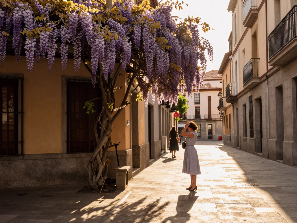 Golden Hour Street Scene in Madrid Spain with Wisteria and Local Interaction in in Madrid, Spain