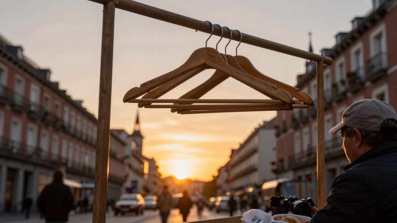 Golden Hour Street Scene in Madrid Spain with Wooden Hanger and Cup in in Madrid, Spain