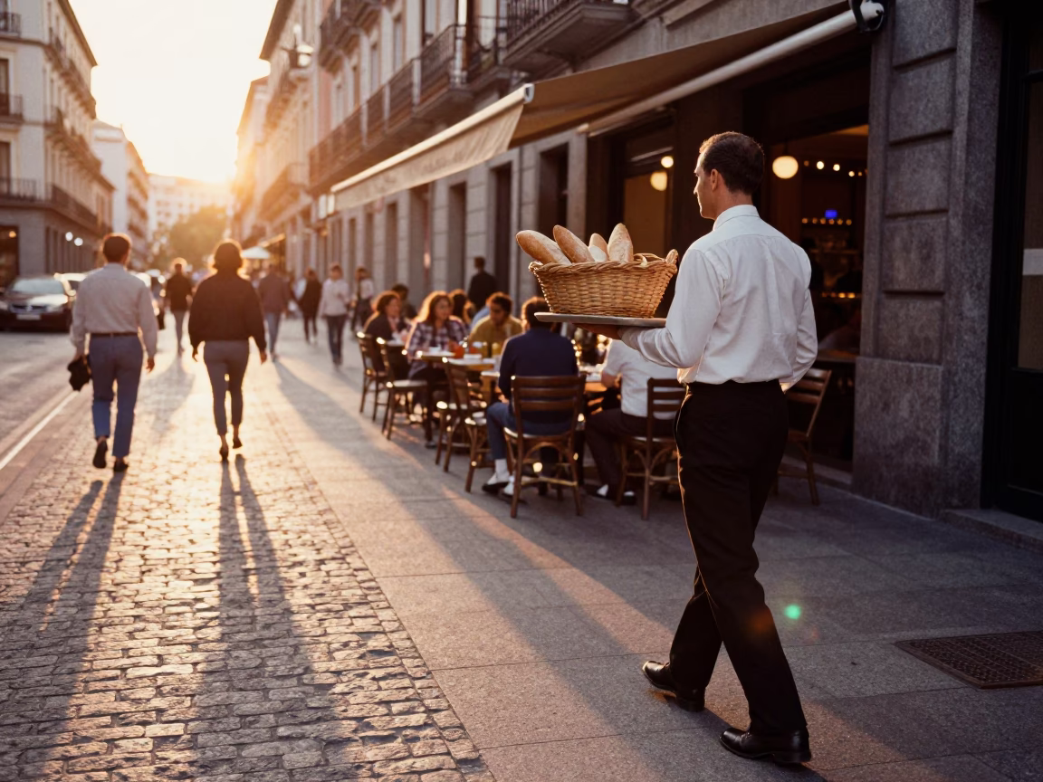 Golden Hour Street Scene in Madrid Spain with Woven Bread Basket on Cafe Table in in Madrid, Spain