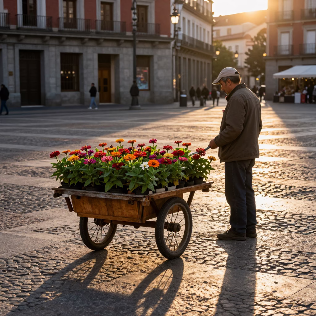 Golden Hour Street Scene in Madrid Spain with Zinnias and Ladle in in Madrid, Spain