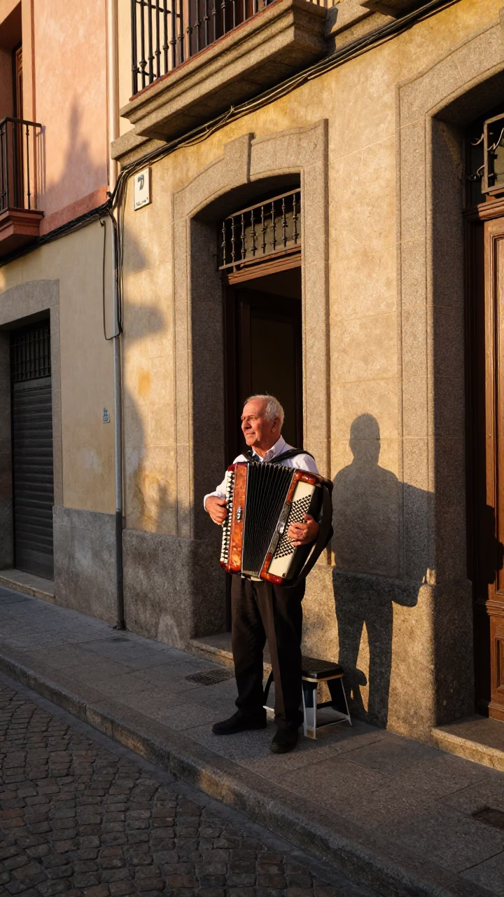 Golden Hour Street Scene in Madrid With Accordion Player and Step Stool in in Madrid, Spain