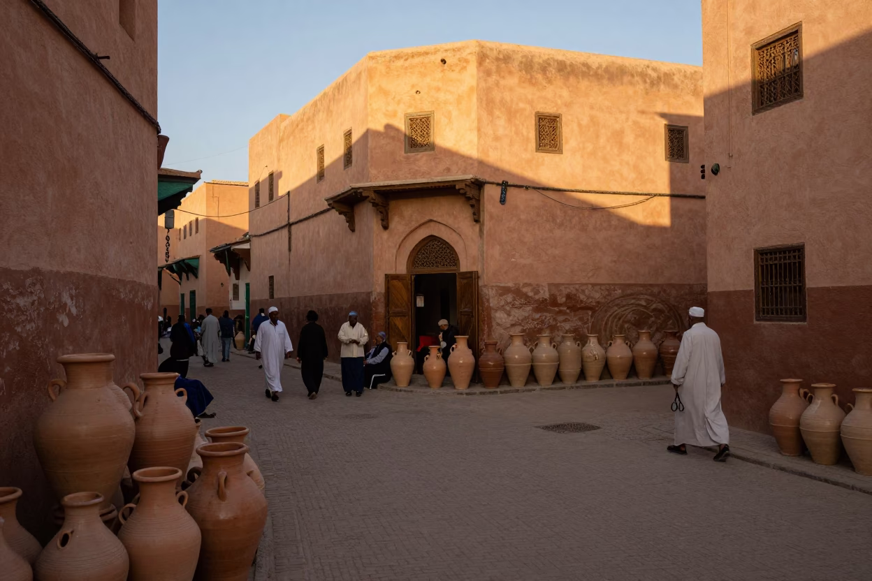 Golden Hour Street Scene in Marrakech Medina with Tailor Shears and Threadbare Fabric in in Marrakech, Morocco