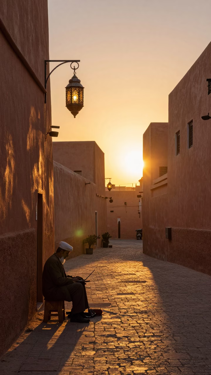 Golden Hour Street Scene in Marrakech Medina with Tinsmith Lantern and Local Commerce in in Marrakech, Morocco