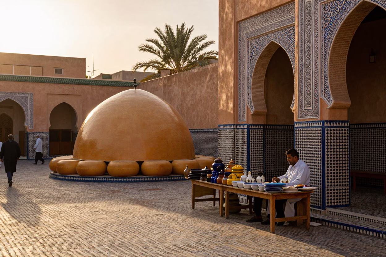 Golden Hour Street Scene in Marrakech Morocco with Ceramic Beehive Cheese Dome and Cup in in Marrakech, Morocco