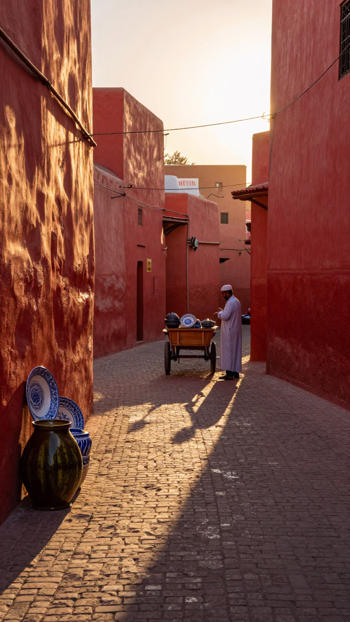 Golden Hour Street Scene in Marrakech Morocco with Ceramic Plate and Pickle Jar in in Marrakech, Morocco