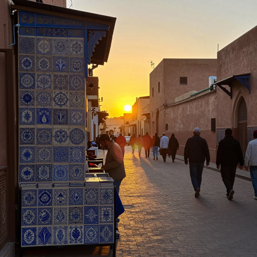 Golden Hour Street Scene in Marrakech Morocco with Ceramic Tiles and Vintage Majolica in in Marrakech, Morocco