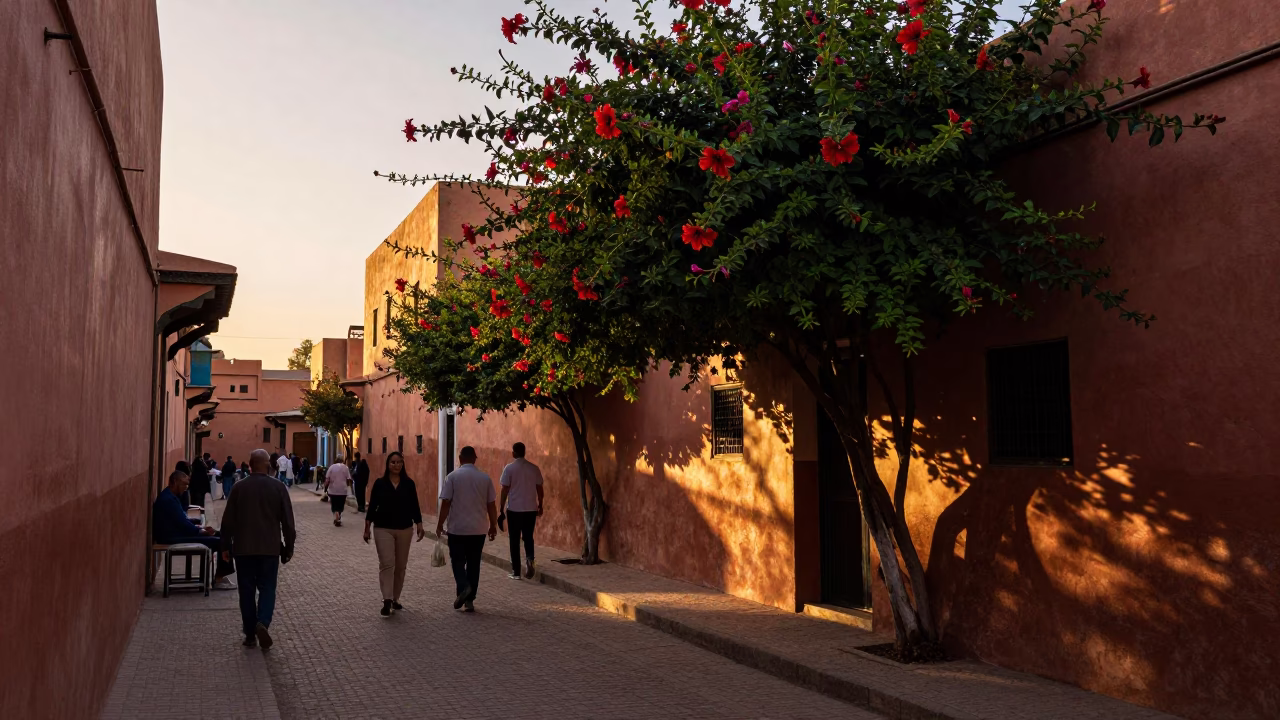 Golden Hour Street Scene in Marrakech Morocco with Hibiscus and Traditional Architecture in in Marrakech, Morocco