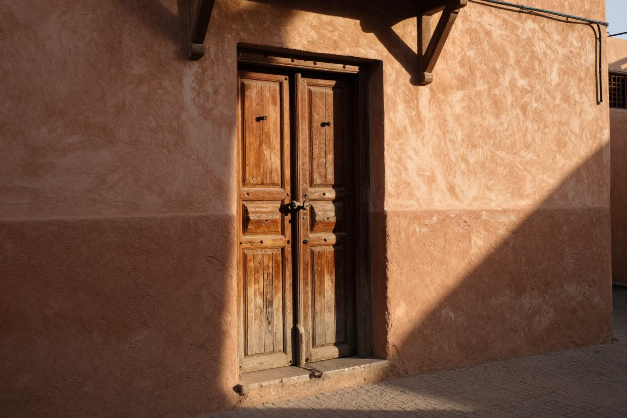 Golden Hour Street Scene in Marrakech Morocco with Latch Detail and Wicker Shadow in in Marrakech, Morocco