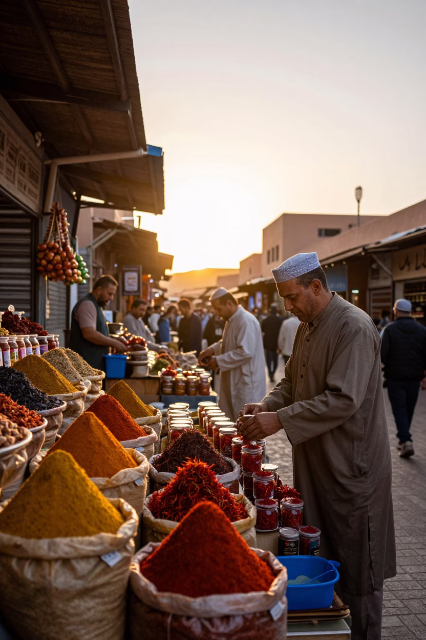 Golden Hour Street Scene in Marrakech Morocco with Spices and Traditional Market Activity in in Marrakech, Morocco
