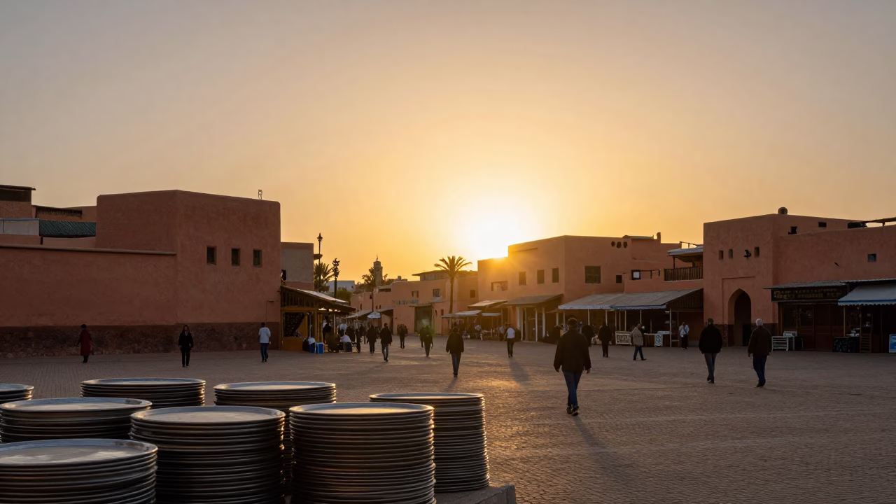 Golden Hour Street Scene in Marrakech Morocco with Stacked Plates and Traditional Architecture in in Marrakech, Morocco