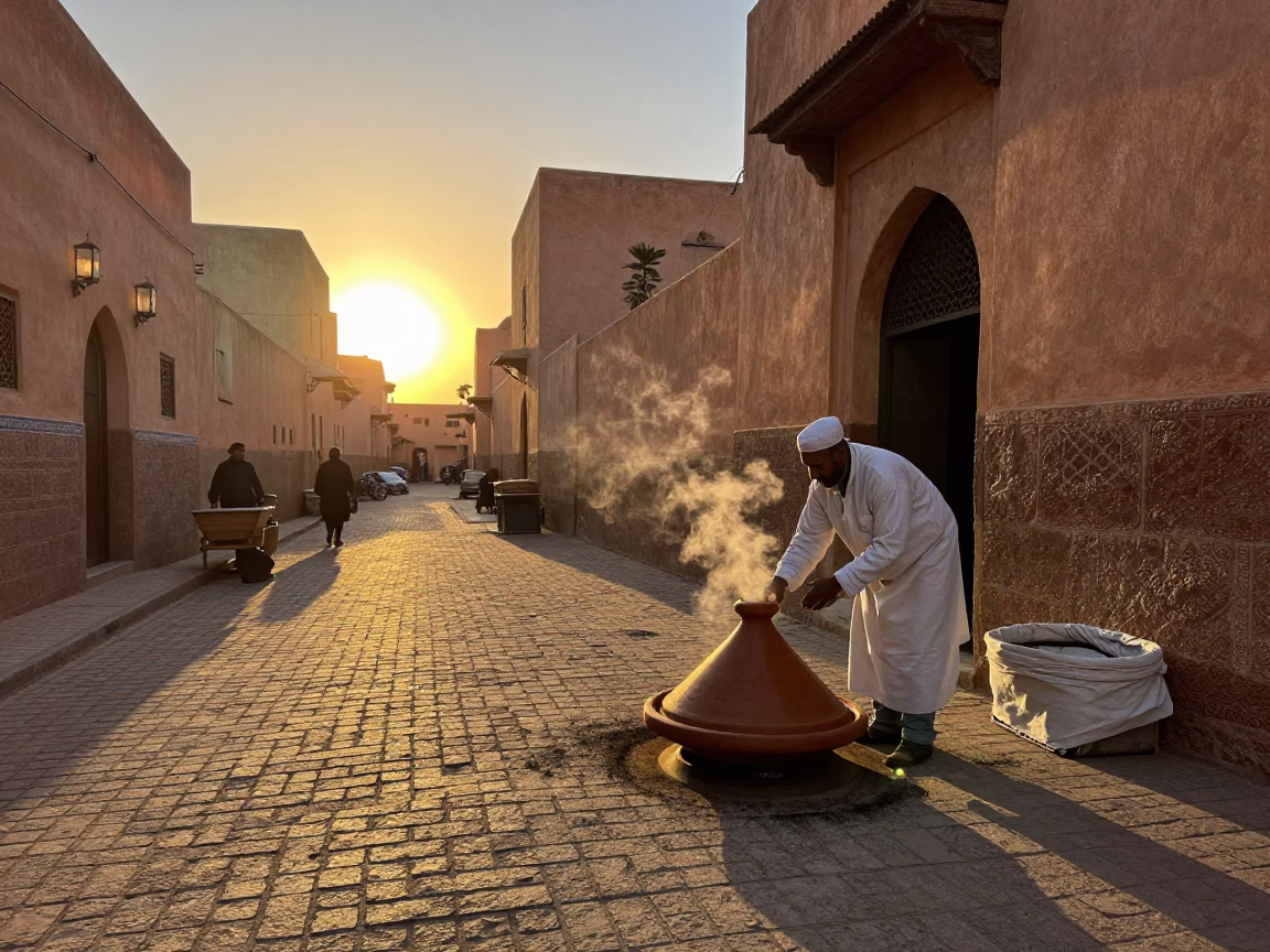 Golden Hour Street Scene in Marrakech Morocco with Tagine and Linen in in Marrakech, Morocco