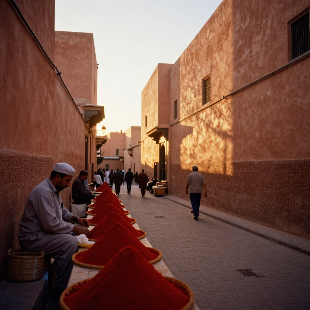 Golden Hour Street Scene in Marrakech Morocco with Traditional Architecture and Daily Life in in Marrakech, Morocco