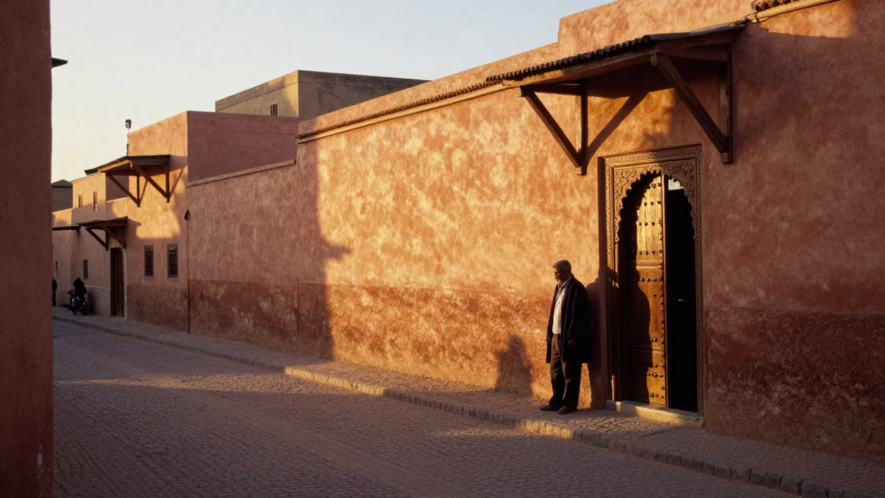 Golden Hour Street Scene in Marrakech Morocco with Traditional Architecture and Local Life in in Marrakech, Morocco