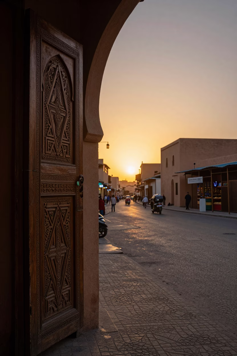 Golden Hour Street Scene in Marrakech Morocco with Traditional Doorframe and Pedestrians in in Marrakech, Morocco