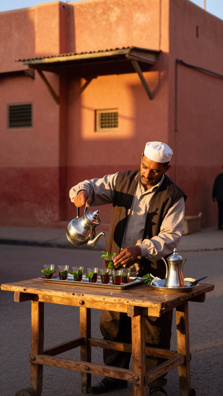 Golden Hour Street Scene in Marrakech Morocco with Traditional Tea Service in in Marrakech, Morocco