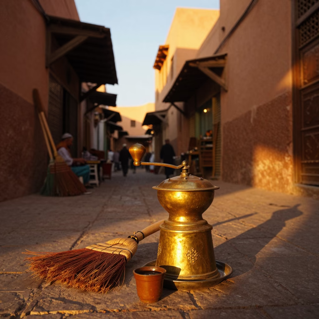 Golden Hour Street Scene in Marrakech Souk with Traditional Brooms and Coffee Grinder in in Marrakech, Morocco