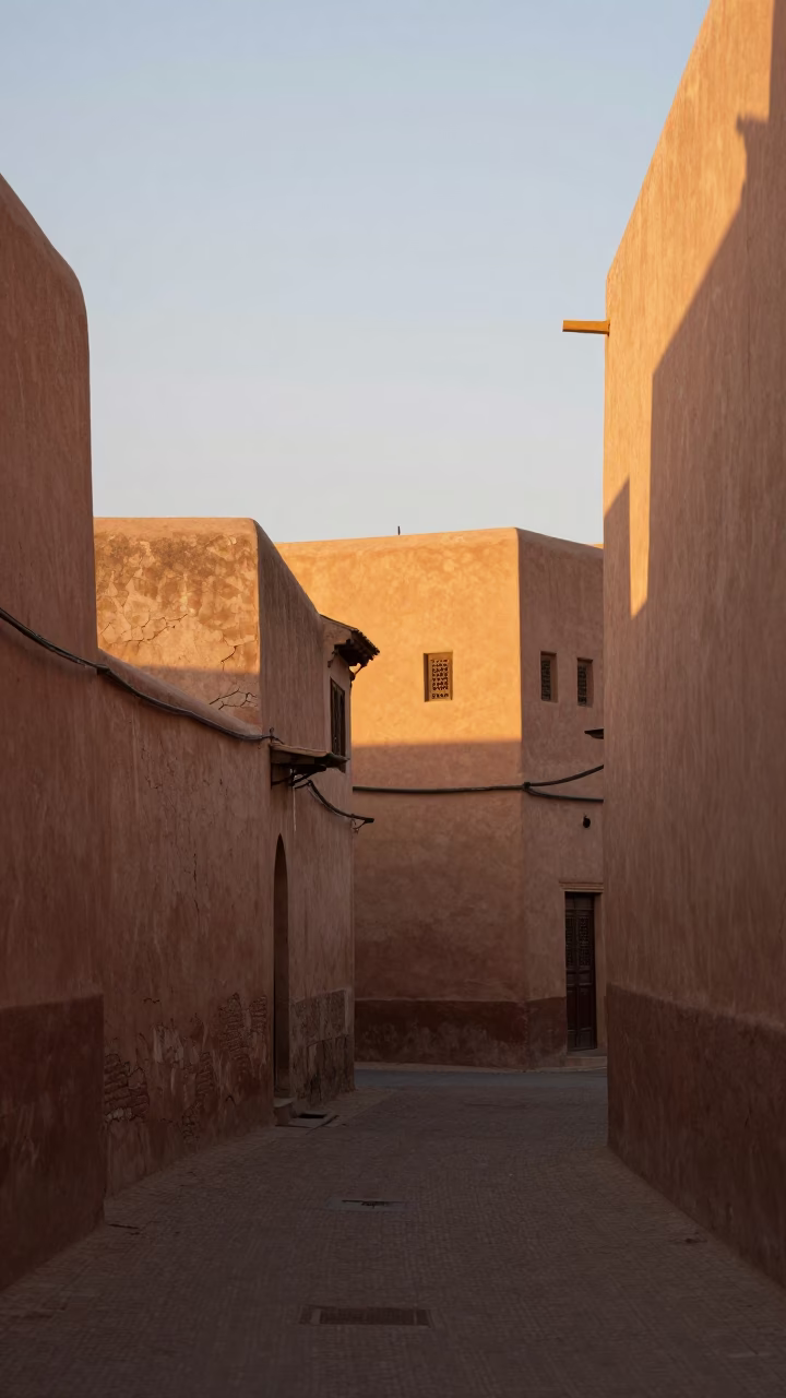 Golden Hour Street Scene in Marrakech with Cracked Stucco Walls and Traditional Architecture in in Marrakech, Morocco