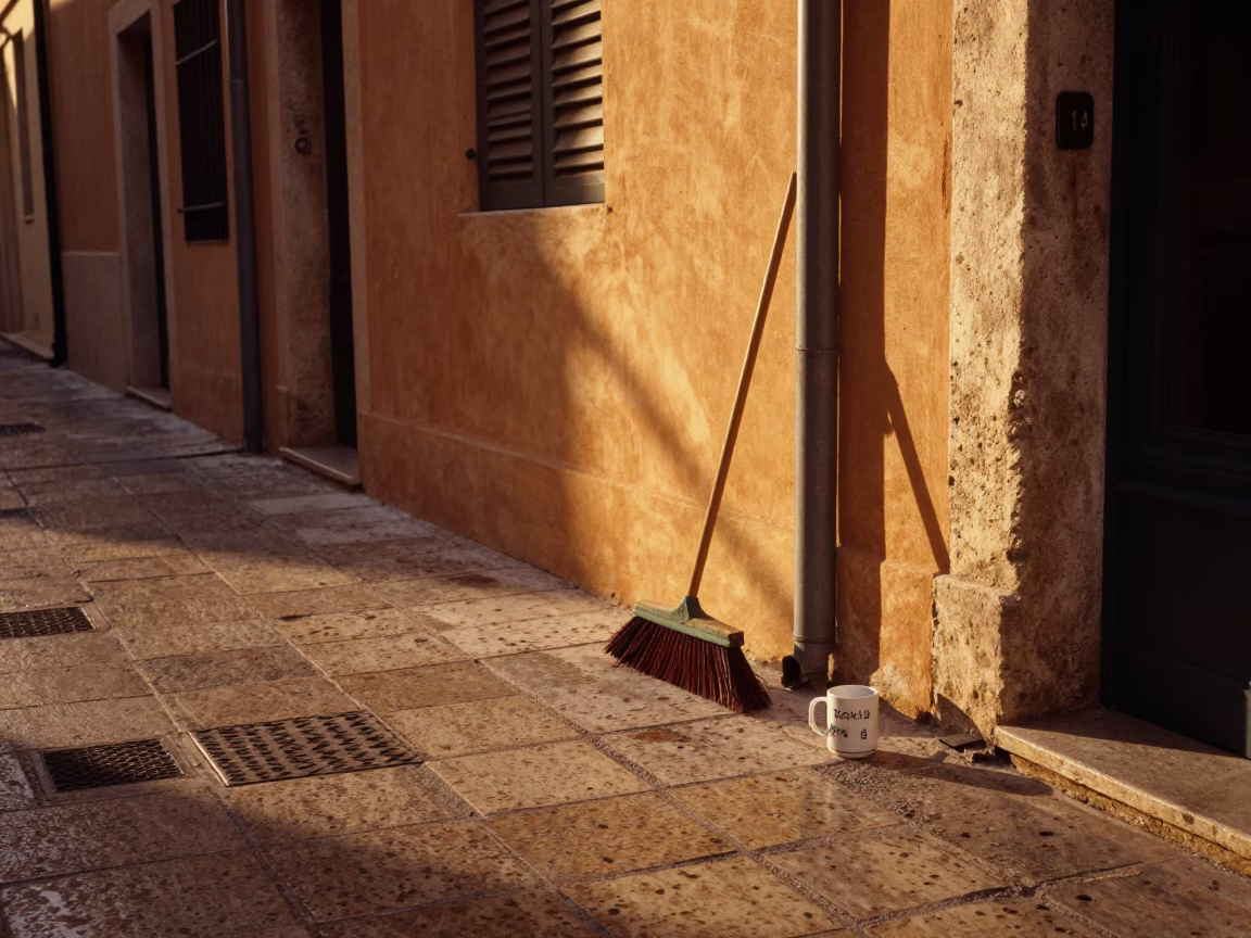 Golden Hour Street Scene in Marseille France with Broom and Mug in in Marseille, France
