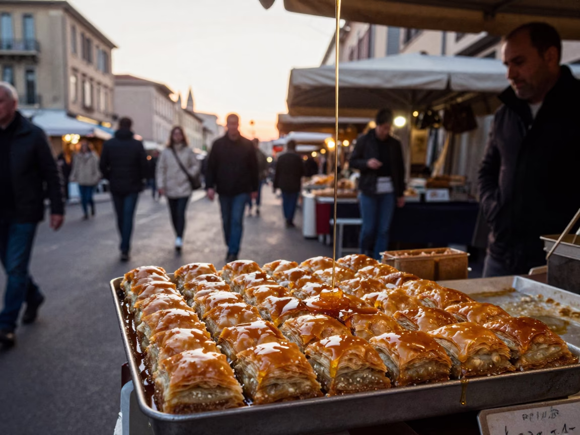 Golden Hour Street Scene in Marseille France with Honey Dripping Baklava Tray in in Marseille, France