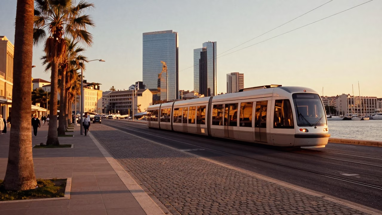 Golden Hour Street Scene in Marseille France with Monorail and Palm Trees in in Marseille, France