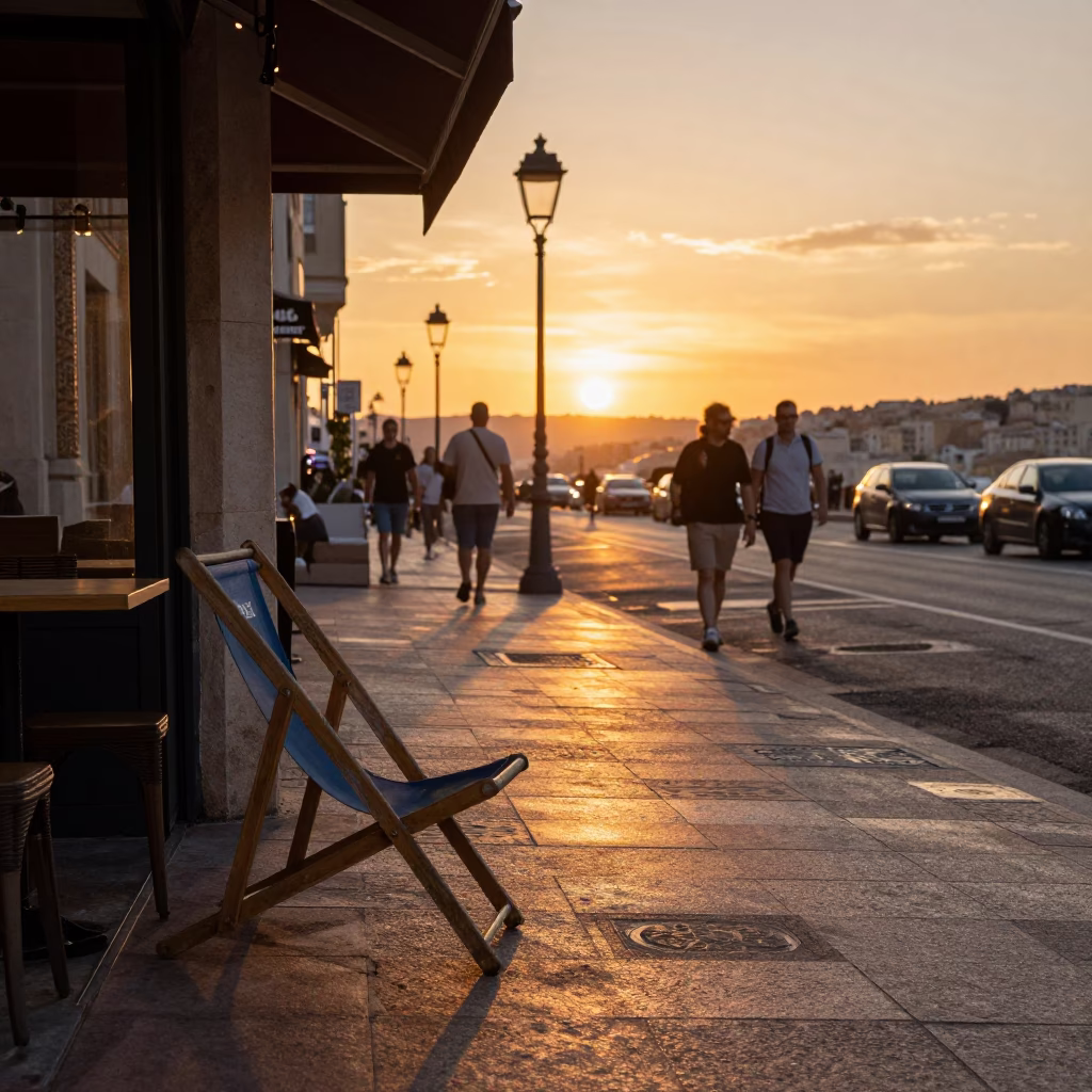 Golden Hour Street Scene in Marseille with Deck Chair and Coffee Mugs in in Marseille, France