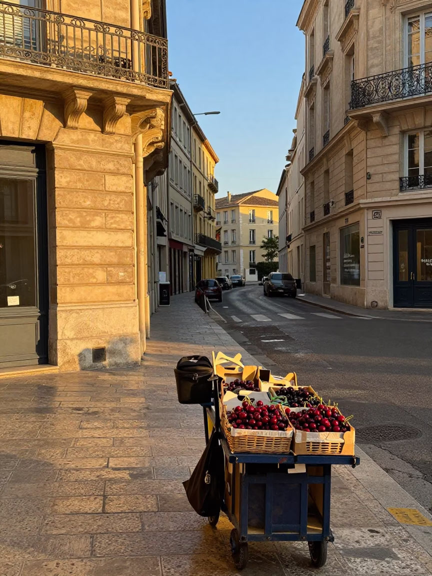 Golden Hour Street Scene in Marseille with Local Produce and Urban Architecture in in Marseille, France